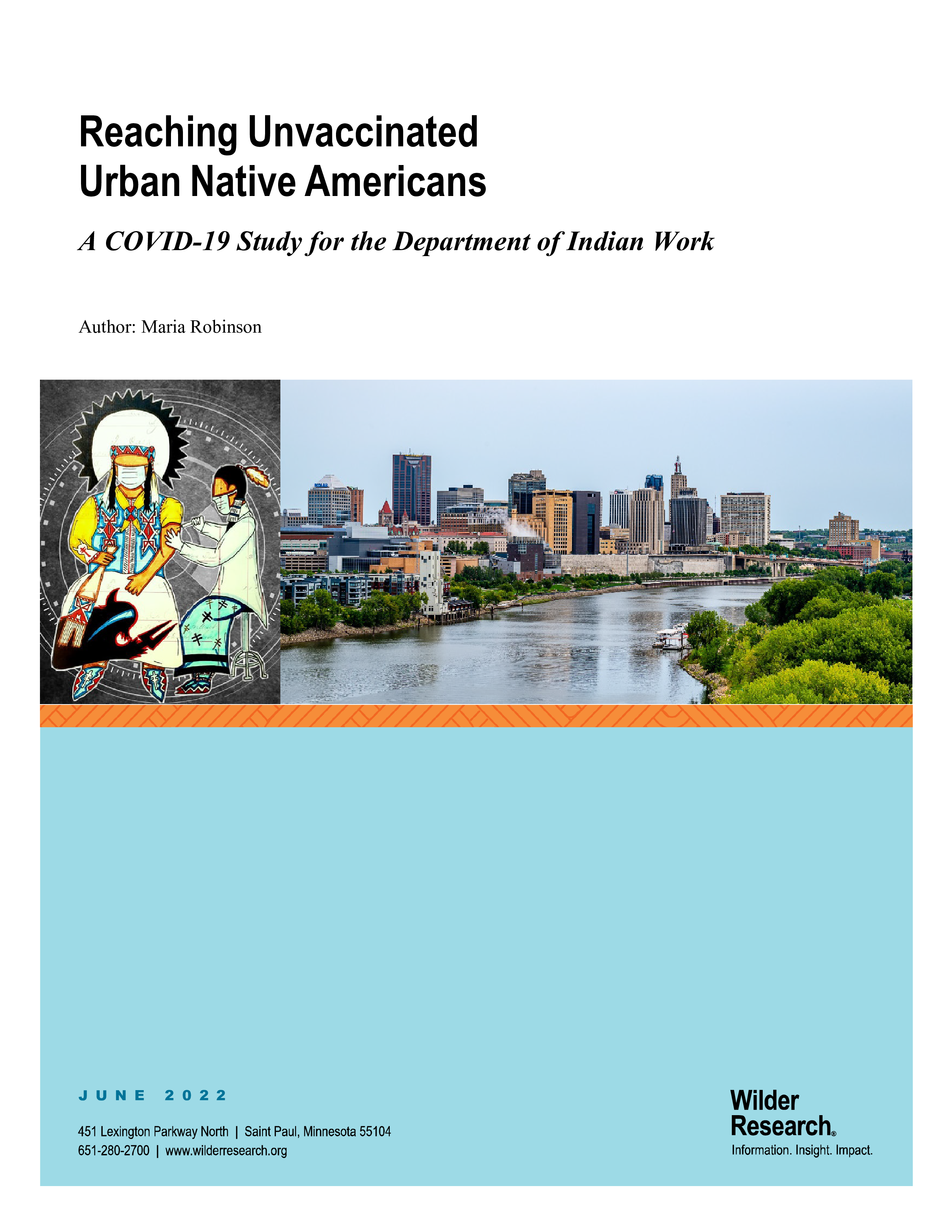 Cover page of report shows a work of Native American art to the right of a picture of the city of St. Paul Minnesota.