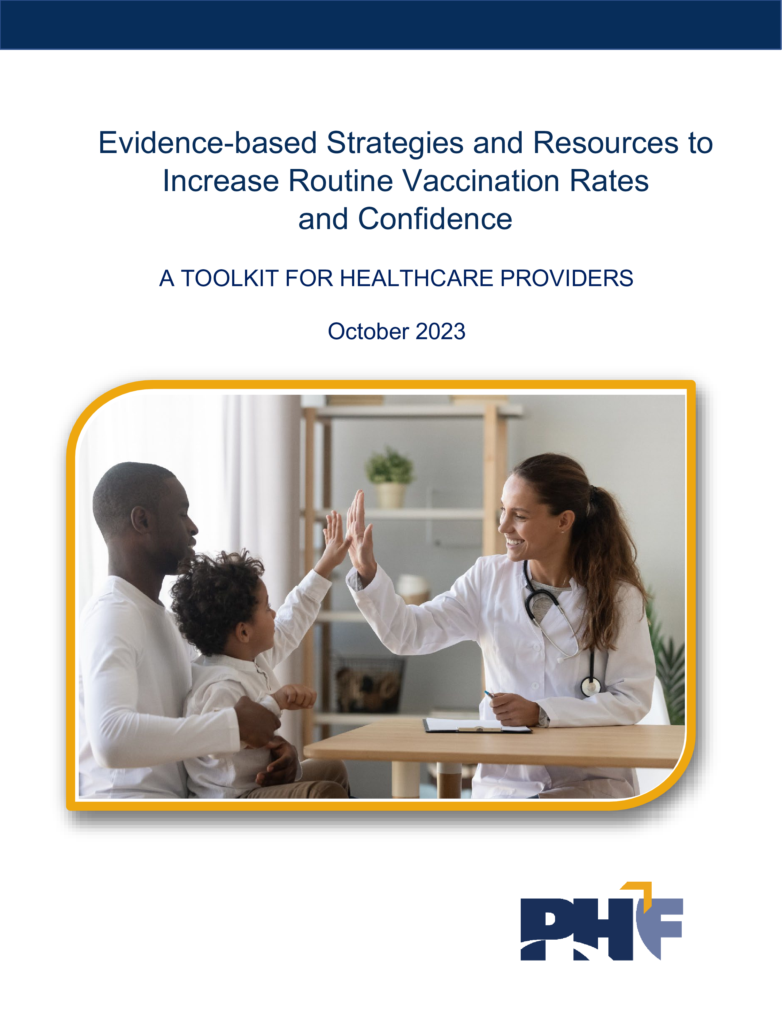 Toolkit cover page with an image of a white woman in a doctor's white coat smiling and giving a Black child a high five. The child is sitting on his father's lap.