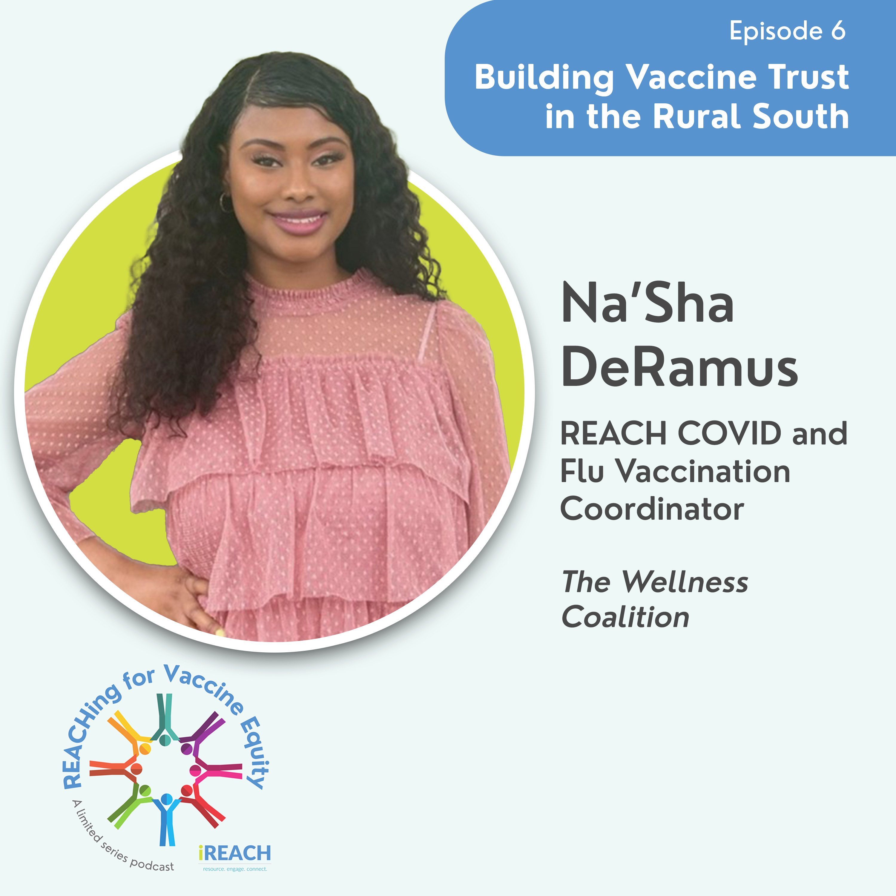 Podcast cover art with episode title, Building Vaccine Trust in the Rural South, and image of guest speaker Na’Sha DeRamus, REACH COVID and Flu Vaccination Coordinator.